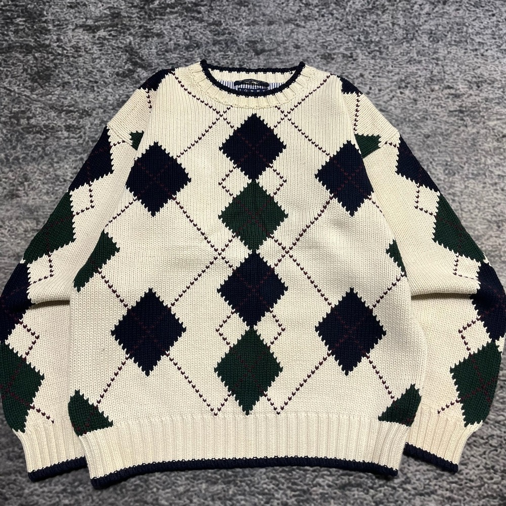 Vintage Tommy Hilfiger Sweater Mens‎ Large Cream Casual Pattern Cotton Jumper - Picture 3 of 9